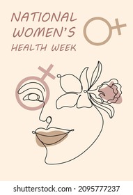 National Women Health Week Concept Vector For Web, App. Event On Mother's Day To Encourage Women Health In May.  Girl Line Face On Boho, Line, Organic Style Background.