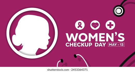 National Womens Checkup Day. Women, ribbon, heart, plus icon and stethoscope. Great for cards, banners, posters, social media and more. 
