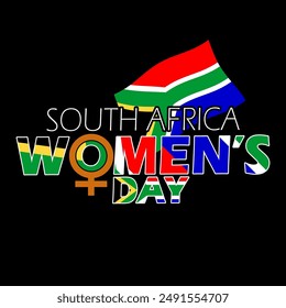 National Women's Day event banner.  A flying South African flag with a female symbol and bold text on black background to celebrate on August 9th in South Africa