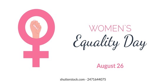 National Womens Equality Day Banner. Horizontal banner featuring the Venus symbol and clenched female fist. August 26. Vector illustration for Womens Rights, Equality, and Empowerment.