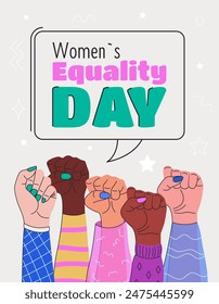 In: National Womens Equality Day Banner. Vertikaler Banner mit weiblichen Händen geballt in die Faust. 26. August. Vektorillustration. Ein guter Hintergrund für Frauenrechte, Gleichberechtigung und Empowerment.