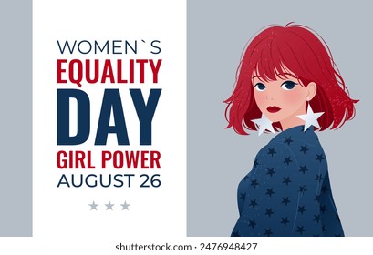 National Womens Equality Day Banner. Horizontal poster with Young Woman. American flag colors. August 26. Vector illustration for Womens Rights, Equality, and Empowerment.