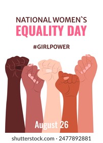 National Womens Equality Day Banner. Vertical banner with Female Hands clenched into a fist. August 26. Vector illustration on White Background for Womens Rights, Equality, and Empowerment.