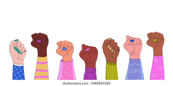 National Womens Equality Day Banner. Horizontal Banner with Female Hands clenched into a fist. August 26. Vector illustration. White Background for Womens Rights, Equality, and Empowerment.