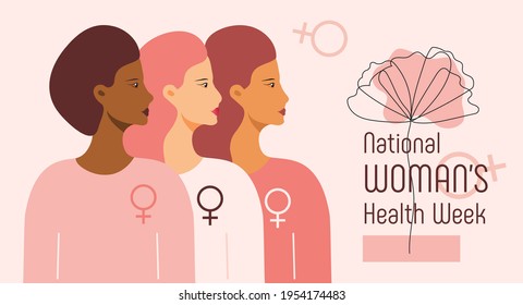 National Women's Health Week Concept Vector For Web, App. Event On Mother's Day To Encourage Women Health In May.  Diverse Race Girls On Boho Style Background.