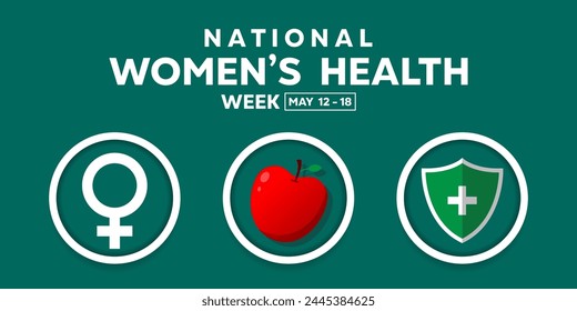 National Womens Health Week. Gender icon, apple and shield. Great for cards, banners, posters, social media and more. Green background. 