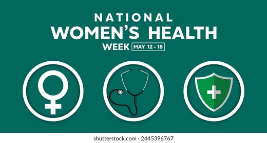 National Womens Health Week. Gender icon, stethoscope and shield. Great for cards, banners, posters, social media and more. Green background. 