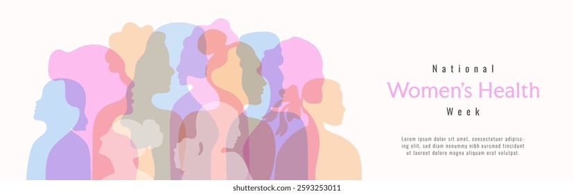 National Women's health week may banner template. background, banner, card, poster, template. Vector illustration. Multicolored silhouette of diversity girls.