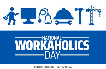 Plano de fundo ou desenho de banner do Dia Nacional dos Workaholics. Ícones relacionados a cargos em plano de fundo azul e branco, simbolizando diversas profissões e força de trabalho dedicada.
