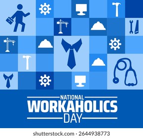 Plano de fundo ou desenho de banner do Dia Nacional dos Workaholics. Fundo azul lado a lado com ícones de trabalho, pasta, ferramentas e gravata, representando profissões diversas.