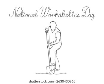 Dia Nacional dos Trabalhadores. Um homem está trabalhando no chão, cavando com uma pá, uma única linha arte mão desenho esboço logotipo