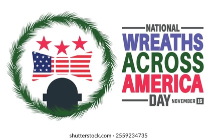 National Wreaths Across America Day in honor of fallen heroes is observed every year on December 16th. Holiday concept, suitable for placard, background, Greeting Card, Poster design template 