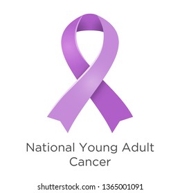 National Young Adult Cancer awareness week - first week in April. Lavender or violet color ribbon Cancer Awareness Products. Vector illustration. White isolated.
