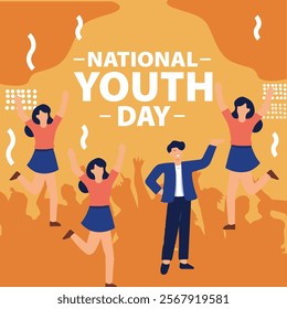 A National Youth Day design featuring young people celebrating with enthusiasm and joy, set against a vibrant orange background, symbolizing energy and youthfulness