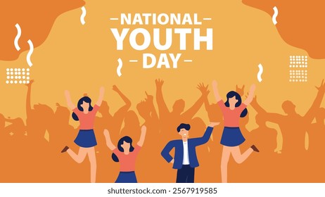 A National Youth Day design featuring young people celebrating with enthusiasm and joy, set against a vibrant orange background, symbolizing energy and youthfulness