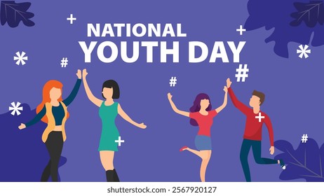 A National Youth Day design featuring young people celebrating with joy and energy, set against a vibrant background with stars and dynamic elements, symbolizing the spirit of youth