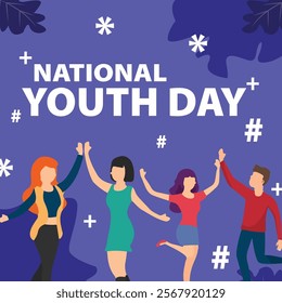 A National Youth Day design featuring young people celebrating with joy and energy, set against a vibrant background with stars and dynamic elements, symbolizing the spirit of youth