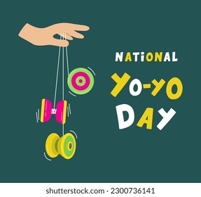 National Yo-Yo Day. Banner. Hand plays yo-yo. Fun and play. Vector flat illustration