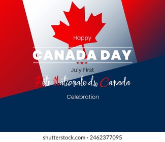 Fête nationale du Canada=National day of Canada
Holiday design, background with handwriting, maple leaf and national flag colors for First of July, Canada National day, celebration;