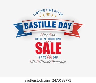 Fête Nationale Française=French National Day
Holiday design, background with handwriting texts and national flag colors for Bastille day, sales and commercial events; Vector illustration.