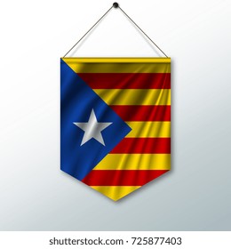 Nationalistic flag of Catalonia. Region of Spain. The symbol of the state in the pennant hanging on the rope. Realistic vector illustration.