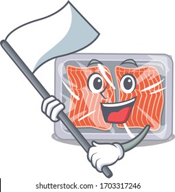 A nationalistic frozen salmon mascot character design with flag