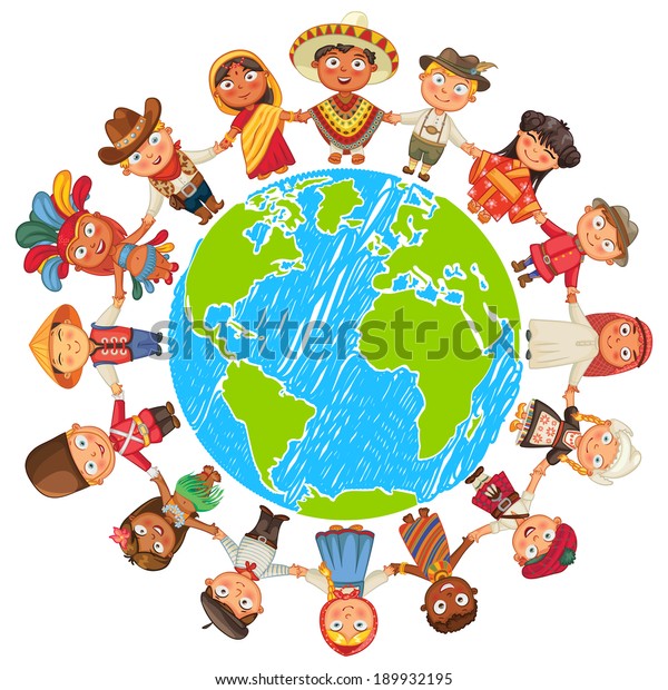 Nationalities. Different
culture standing together holding hands. Unity children from around
the world. Vector illustration. Isolated on white background. Earth
day. Set