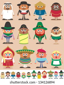 Nationalities Part 1: Set of 12 characters dressed in different national costumes. Each character is in 2 color versions depending on the background. No transparency and gradients used.