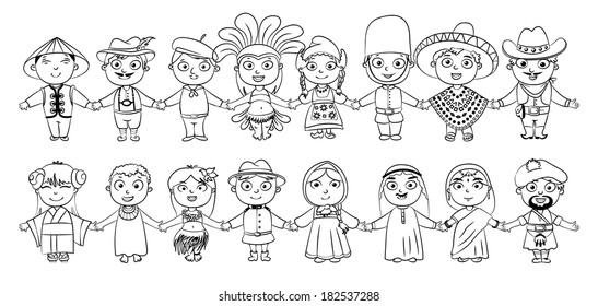 Nationalities. Tahitian, Englishman, Chinese, Japanese, American, Mexican, German, Indian, Scotsman, Arab, Canadian, African, Russian, Frenchman, Netherlander. Coloring book. Isolated white background