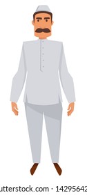 Nationality Indian man with mustache in traditional clothing and hat isolated male character vector shirt and pants tradition and custom ethnicity traveling and tourism aborigine travel to India.