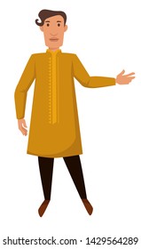 Nationality Indian young man in traditional clothing isolated male character vector guy in long shirt with ornament and pants national costume ethnicity traveling and tourism aborigine travel to India