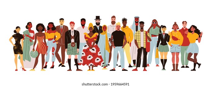 Nationality people crowd composition with human characters of people of colour standing all together in crowd vector illustration