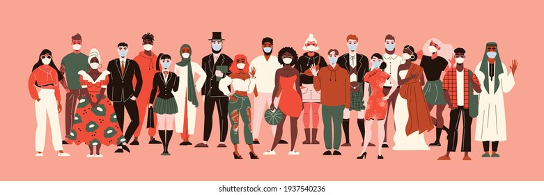 Nationality people in protection masks composition with people of colour characters different races standing in crowd vector illustration