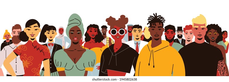 Nacionalidad personas composición de diversidad social con caracteres humanos de diferente raza edad y color de la ilustración del vector de piel