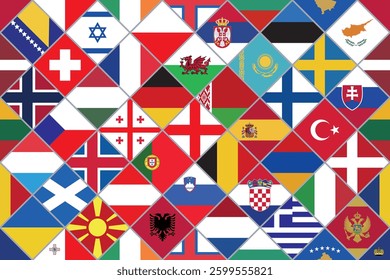 Nations league European rhombus flags with gray outline vector rectangular background.