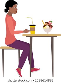 Nations and races. African American woman sitting at the table with a glass of coffee and ice cream. Modern young fashionable woman with dark skin.