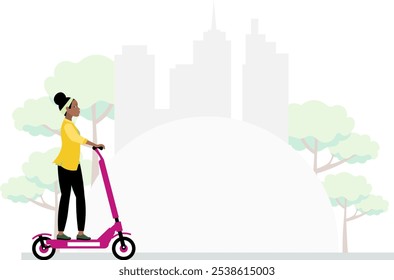 Nations and races. African American woman on a scooter against the backdrop of the city. Modern young fashionable woman with dark skin. 