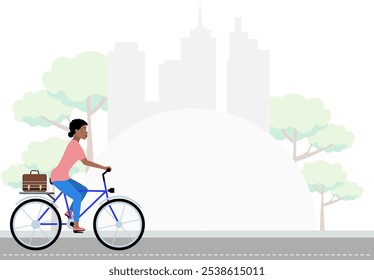 Naciones y razas. Mujer afroamericana en una bicicleta contra el telón de fondo de la ciudad. Mujer de moda joven moderna con la piel oscura.