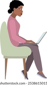 Nations and races. African American woman working in a chair with a laptop. Modern young fashionable woman with dark skin.