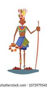 Native aborigine man from African tribe in loincloth and bead necklace with spear, cartoon vector illustration isolated on white background. Smiling male African aborigine, full length portrait