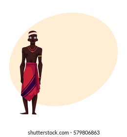 Native aborigine man from African tribe in loincloth and bead necklace, cartoon vector illustration with place for text.