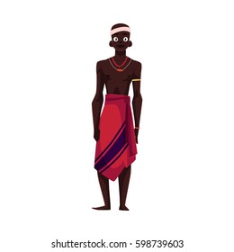 Native aborigine man from African tribe in loincloth and bead necklace, cartoon vector illustration isolated on white background. Smiling handsome male African aborigine, full length portrait