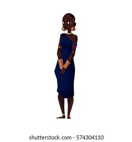 Native aborigine woman from African tribe wearing bracelets and bead necklace, cartoon vector illustration isolated on white background. Beautiful female African aborigine, full length portrait