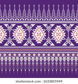 Abstrato nativo Padrão étnico asteca tradicional abstrato tribal fundo roxo. Ornamento geométrico sem costura. Decoração de bordas. Design para tecido de papel de parede, roupas, batik, tapete, Sarong