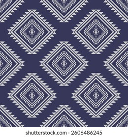 Native abstract ethnic pattern. Geometric oriental tribal on blue background folk embroidery textile fashion. Embroidery Aztec style. Design for background, wallpaper, fabric, clothing, Sarong, Saree