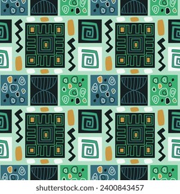 Native abstract geometric pattern in African sile. For fabric, textile or wallpaper made on blue background. Vector illustration. Green, blue, gray, black