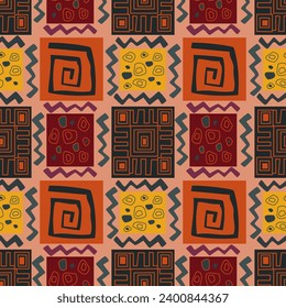 Native abstract geometric pattern in African sile. For fabric, textile or wallpaper made on blue background. Vector illustration. Red, yellow, gray