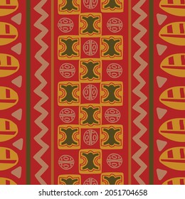  Native abstract geometric pattern for fabric, textile or wallpaper made on red background. Vector illustration. Red, yellow, green, gray colours