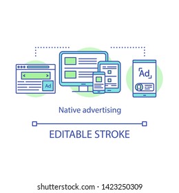 Native Advertising Concept Icon. Paid Ads Idea Thin Line Illustration. Social Media Feeds, Recommended Content, Web Page. Vector Isolated Outline Drawing. Editable Stroke