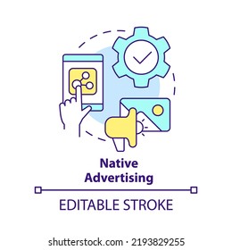 Native Advertising Concept Icon. Type Of Digital Ads Abstract Idea Thin Line Illustration. Build Brand Awareness. Isolated Outline Drawing. Editable Stroke. Arial, Myriad Pro-Bold Fonts Used